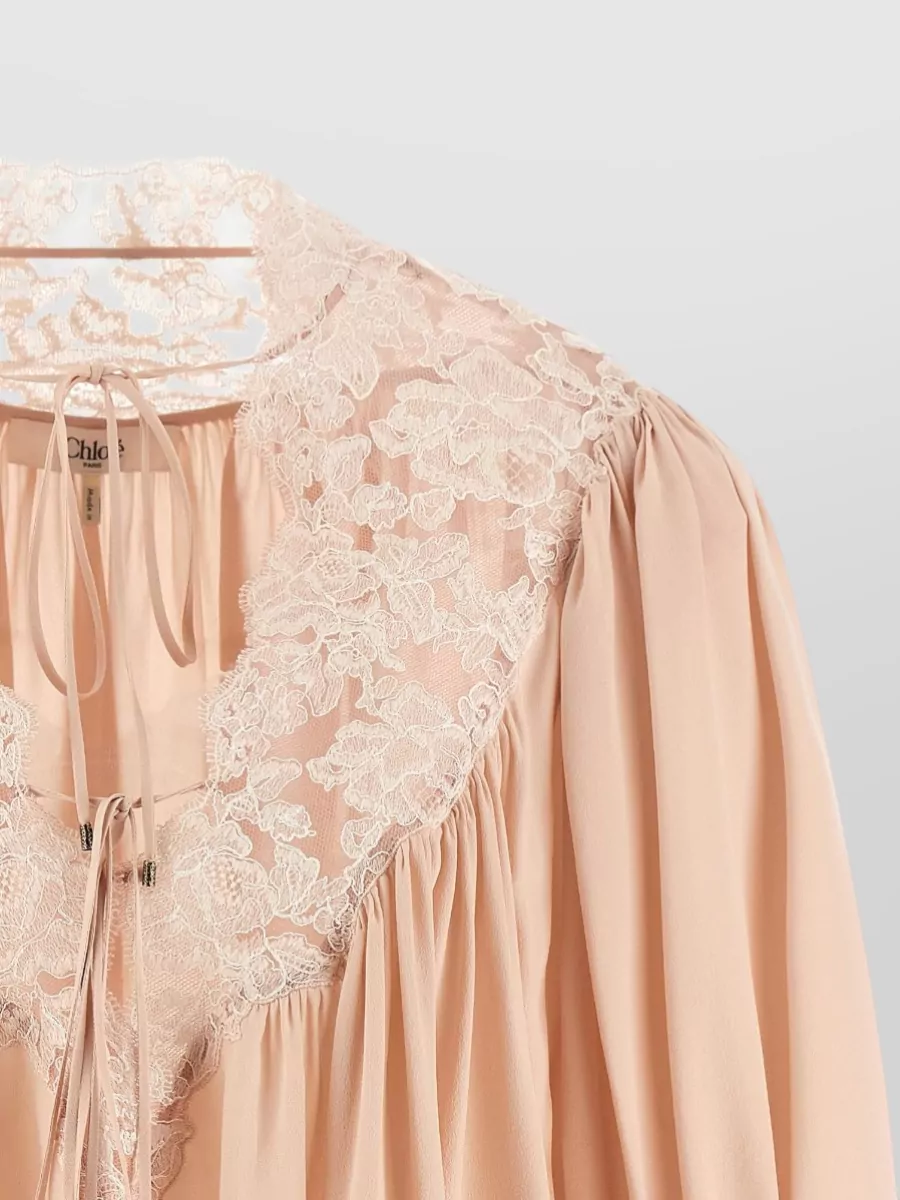 Chloé Silk Lace-Trim V-Neck Blouse