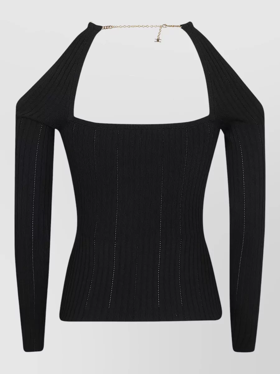 Elisabetta Franchi Ribbed Off Shoulder Long Sleeve Top