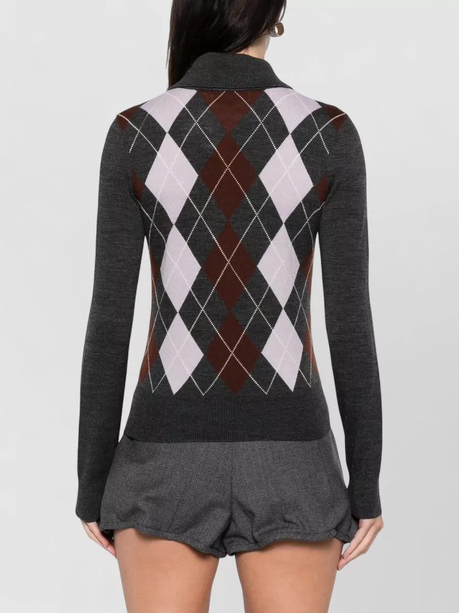 Self-Portrait Wool Argyle Long-Sleeve Polo Top