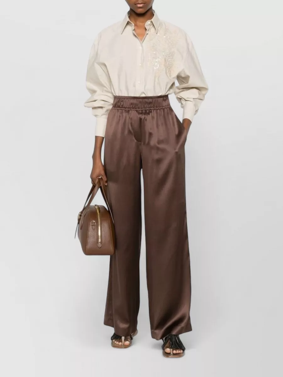 Brunello Cucinelli High Waist Wide Leg Satin Trousers