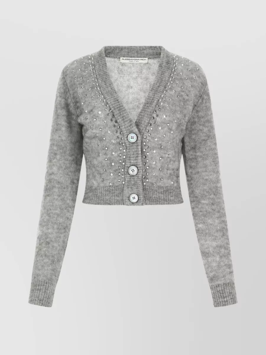 Shop Alessandra Rich Cropped Silhouette Embellished V-neck Cardigan In Grey
