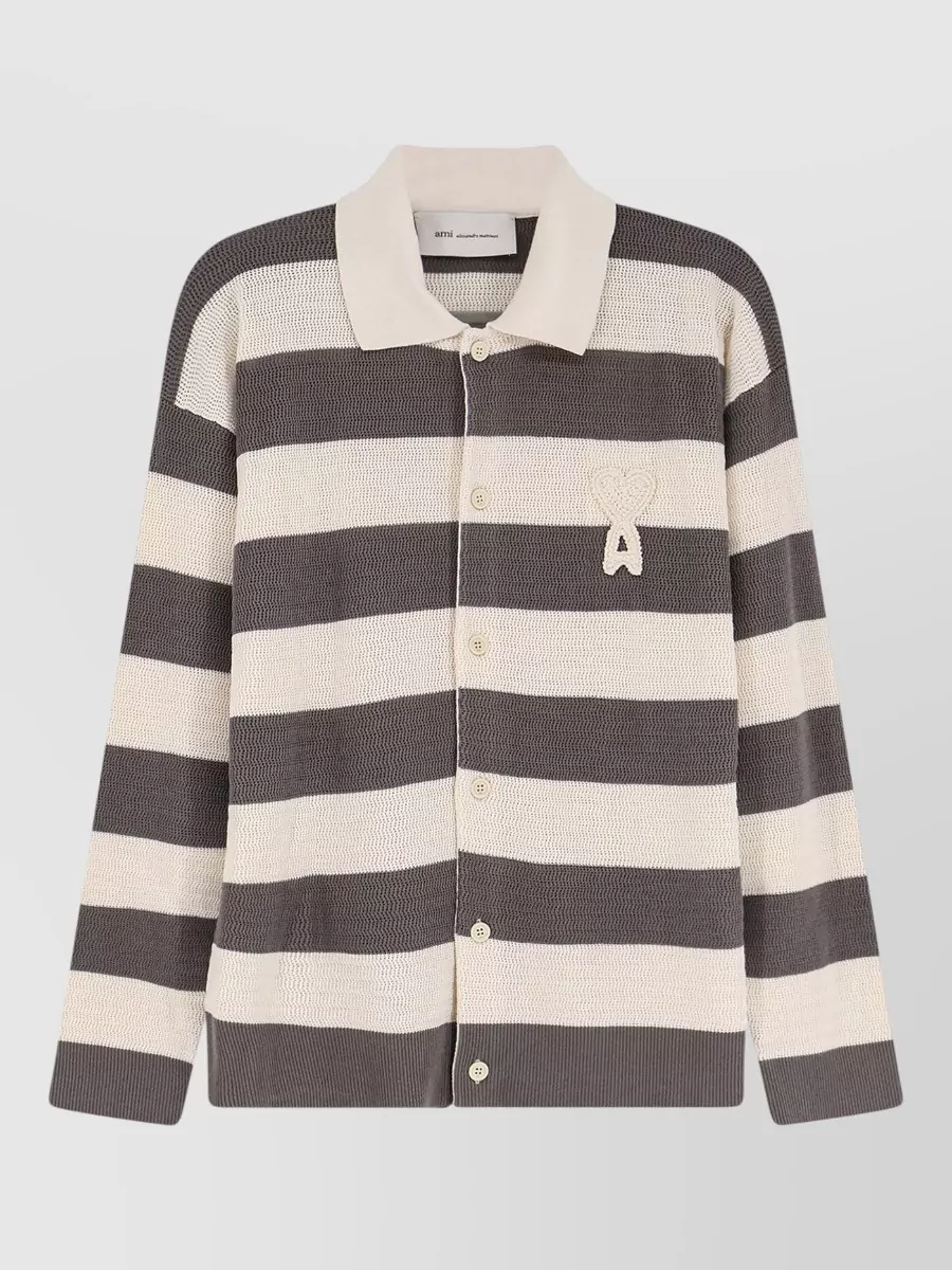 Ami Paris cotton openwork striped shirt collar cardigan