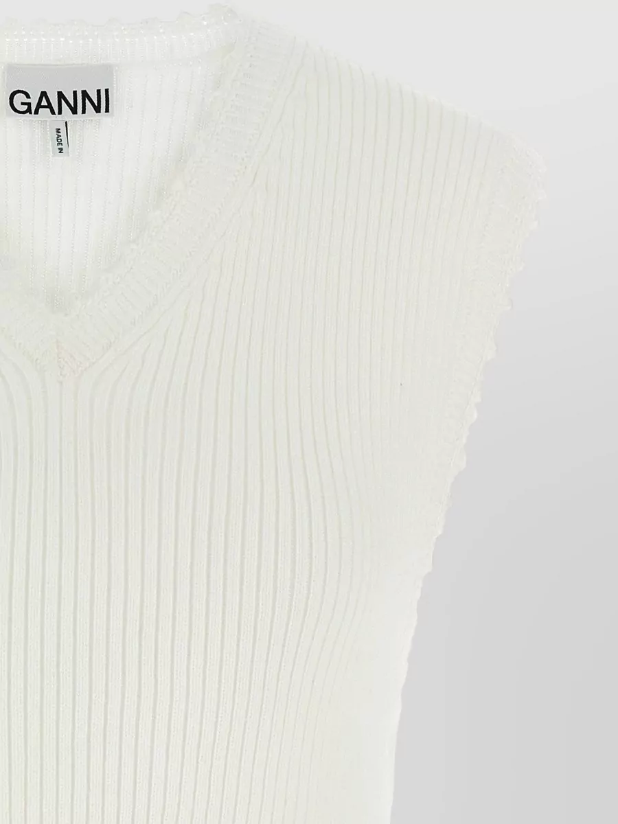 Ganni Ribbed V-Neck Cotton Crochet Vest