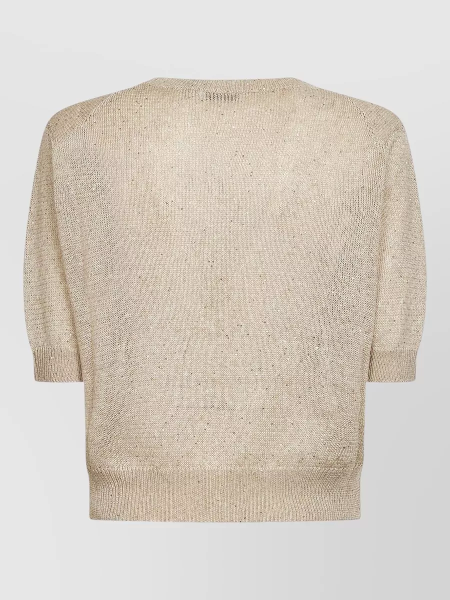 Brunello Cucinelli Sequin-Embroidered Short-Sleeve Linen Sweater