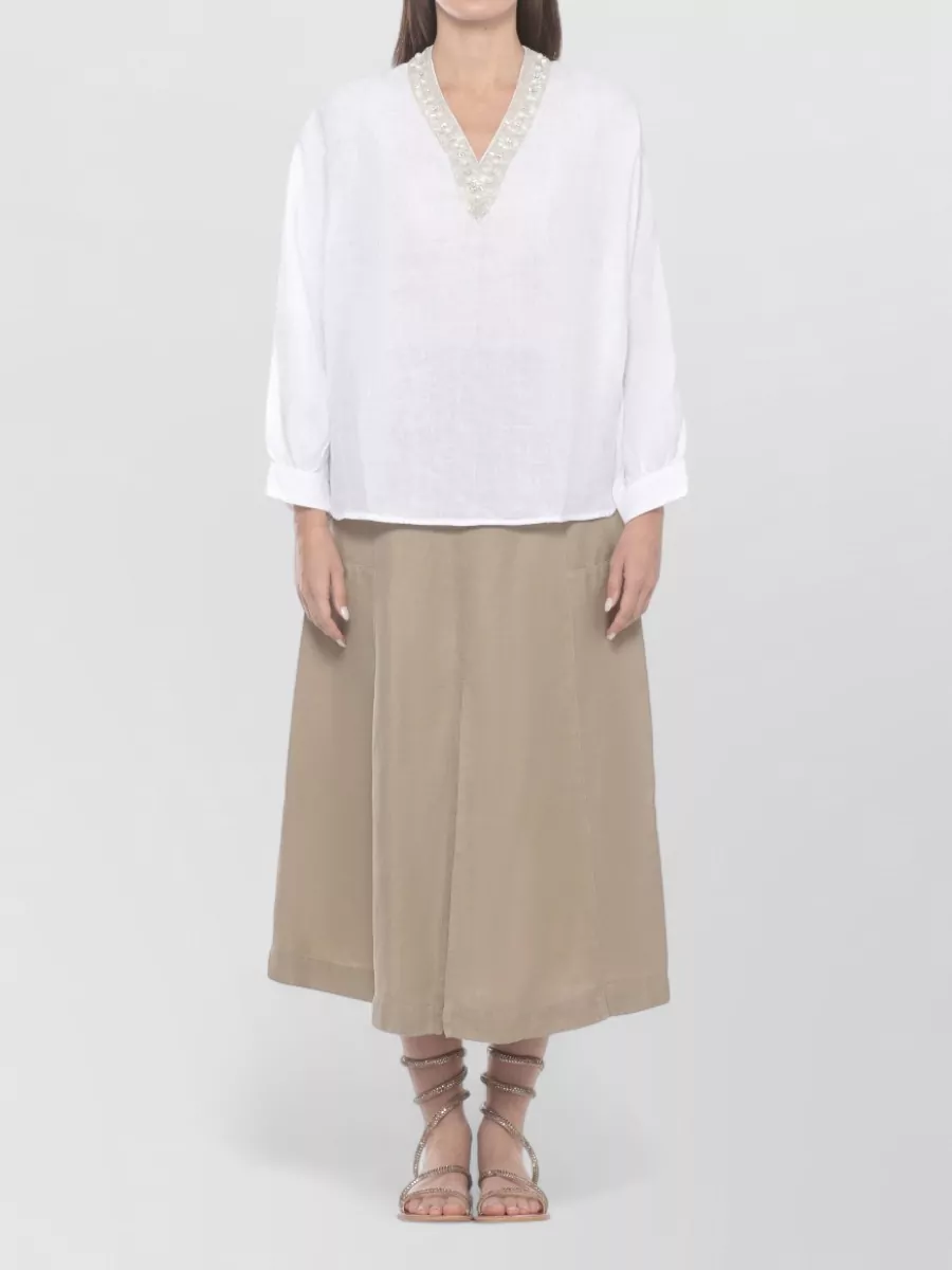120% Lino Linen V-Neck Embellished Long-Sleeve Asymmetric Blouse
