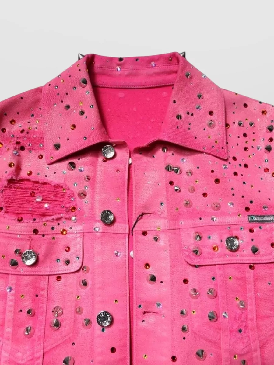 Dolce&Gabbana Crystal Embellished Studded Distressed Denim Jacket