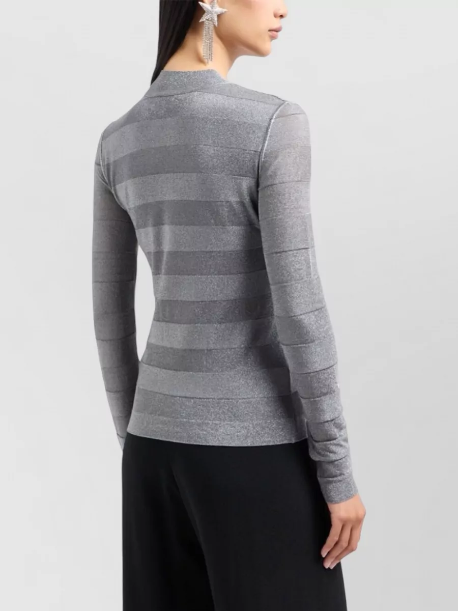 Emporio Armani Striped Mock Neck Long Sleeve Knitted Top