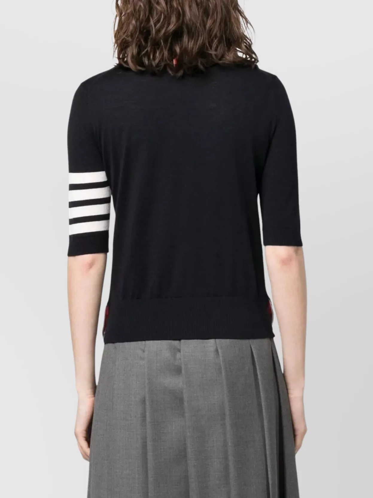 Thom Browne Black Short Sleeve Sweater With 4-bar Detail In Wool Woman In Black