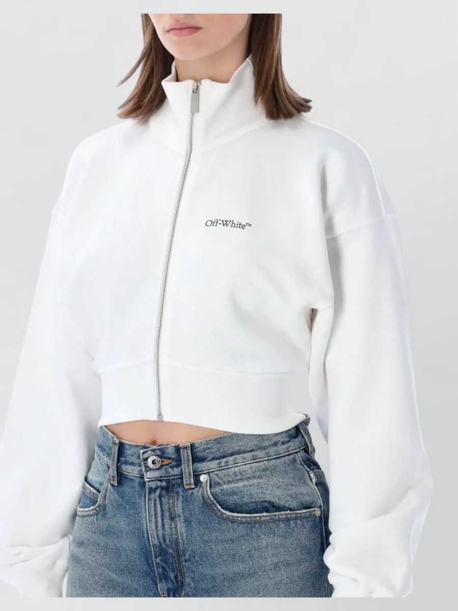 Off-White Cotton Cropped Zip Sweatshirt
