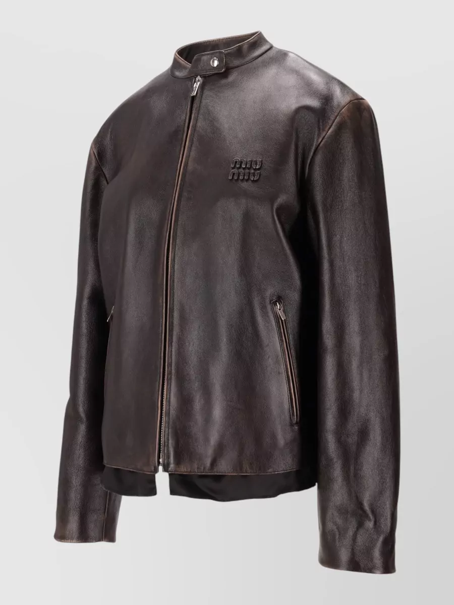 Miu Miu Leather Jacket With Stand Collar And Pockets