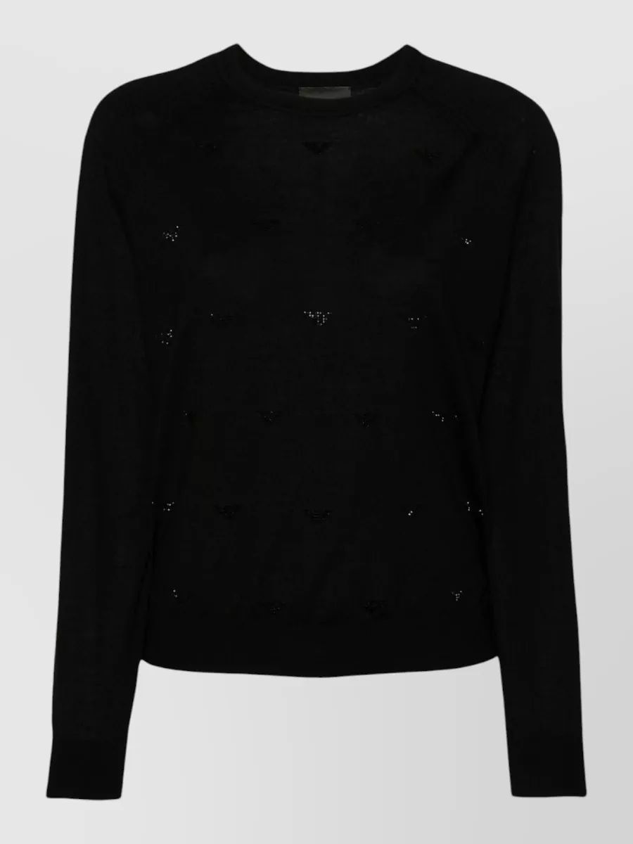 Emporio Armani Wool Fine-Knit Rhinestone-Appliqué Logo Crew-Neck Jumper