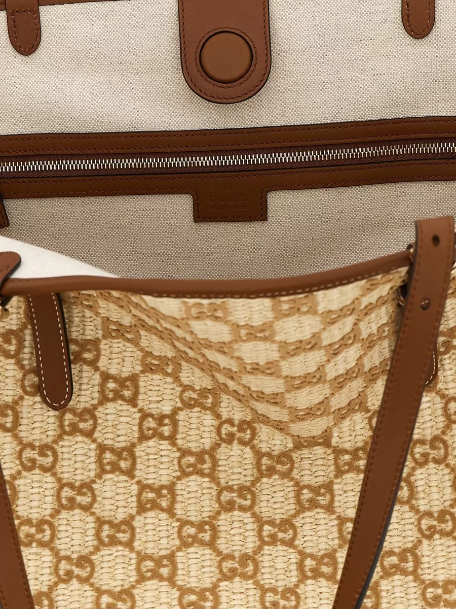 Gucci Large Raffia-Effect Leather-Trimmed Tote Bag