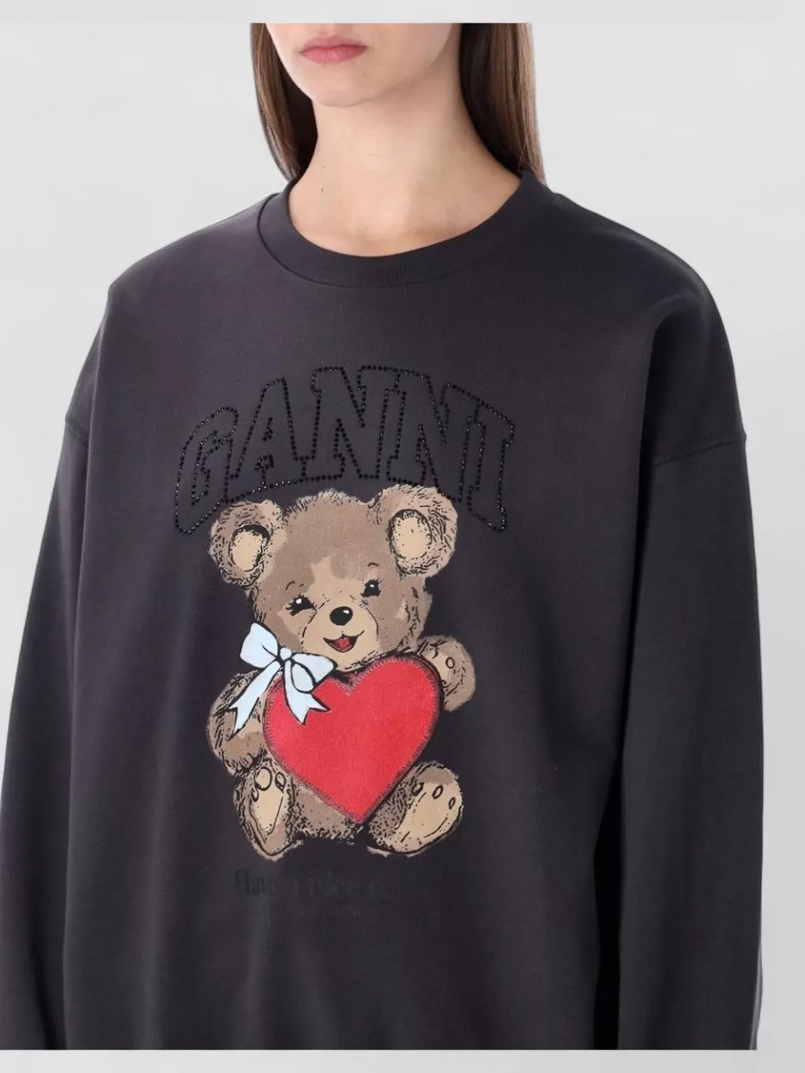 Ganni Crewneck Sweatshirt Bear Graphic Rhinestones Message