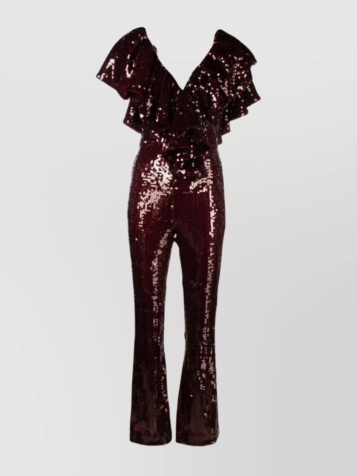 Rotate Birger Christensen Ruffled-detailing Sequined Jumpsuit In Burgundy