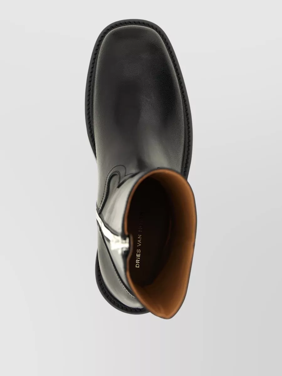 Dries Van Noten Leather Ankle Boots Round Toe Block Heel