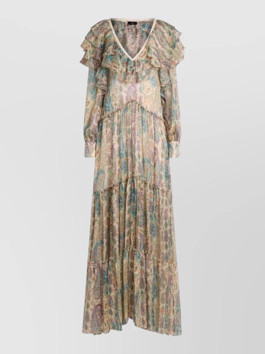 Etro silk paisley-print ruffled v-neck long-sleeve maxi dress
