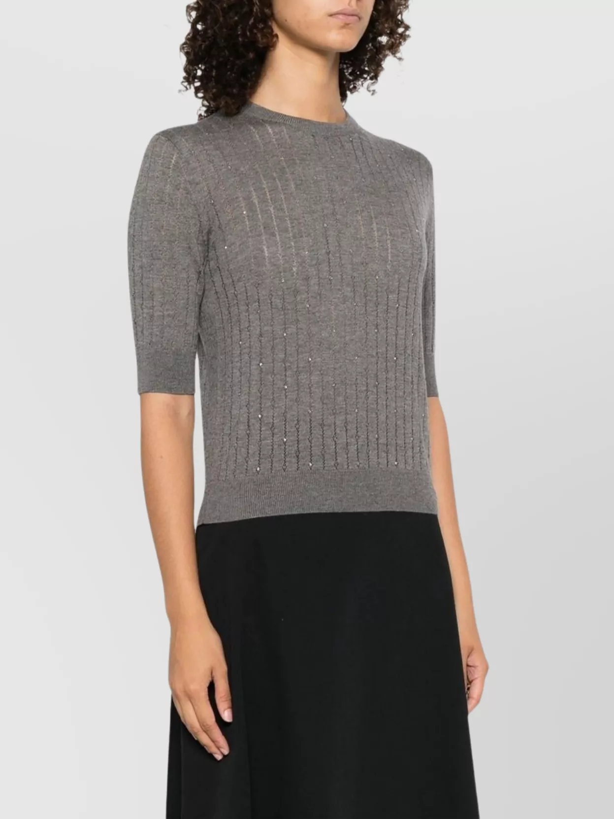 Max Mara Crewneck Sequin Embellished Short Sleeve Sweater In Gray