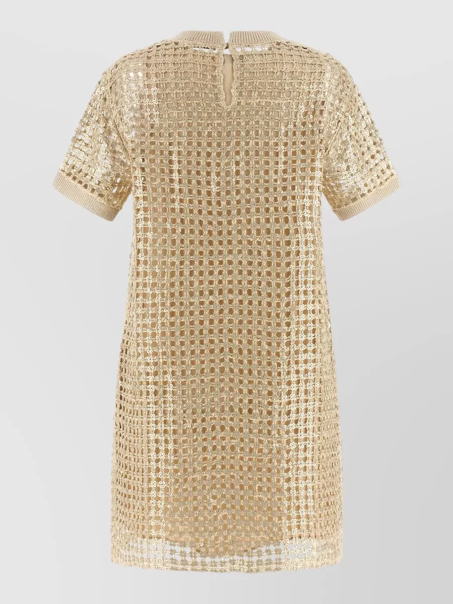 Brunello Cucinelli Silk Linen Sequin Mesh-Knit Short-Sleeve Mini Dress