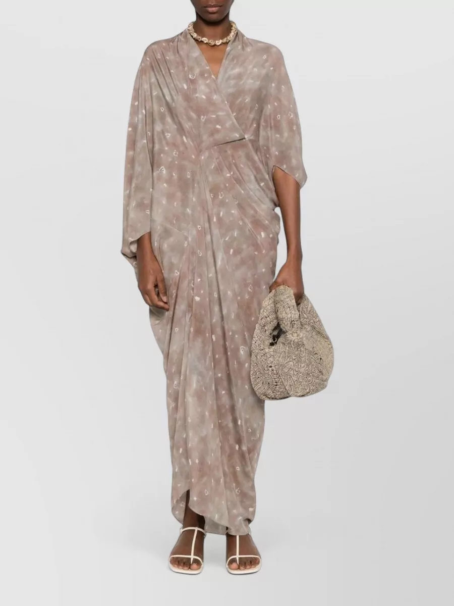 Cortana Silk V-Neck Asymmetric-Sleeve Side-Slit Pleated Maxi Dress