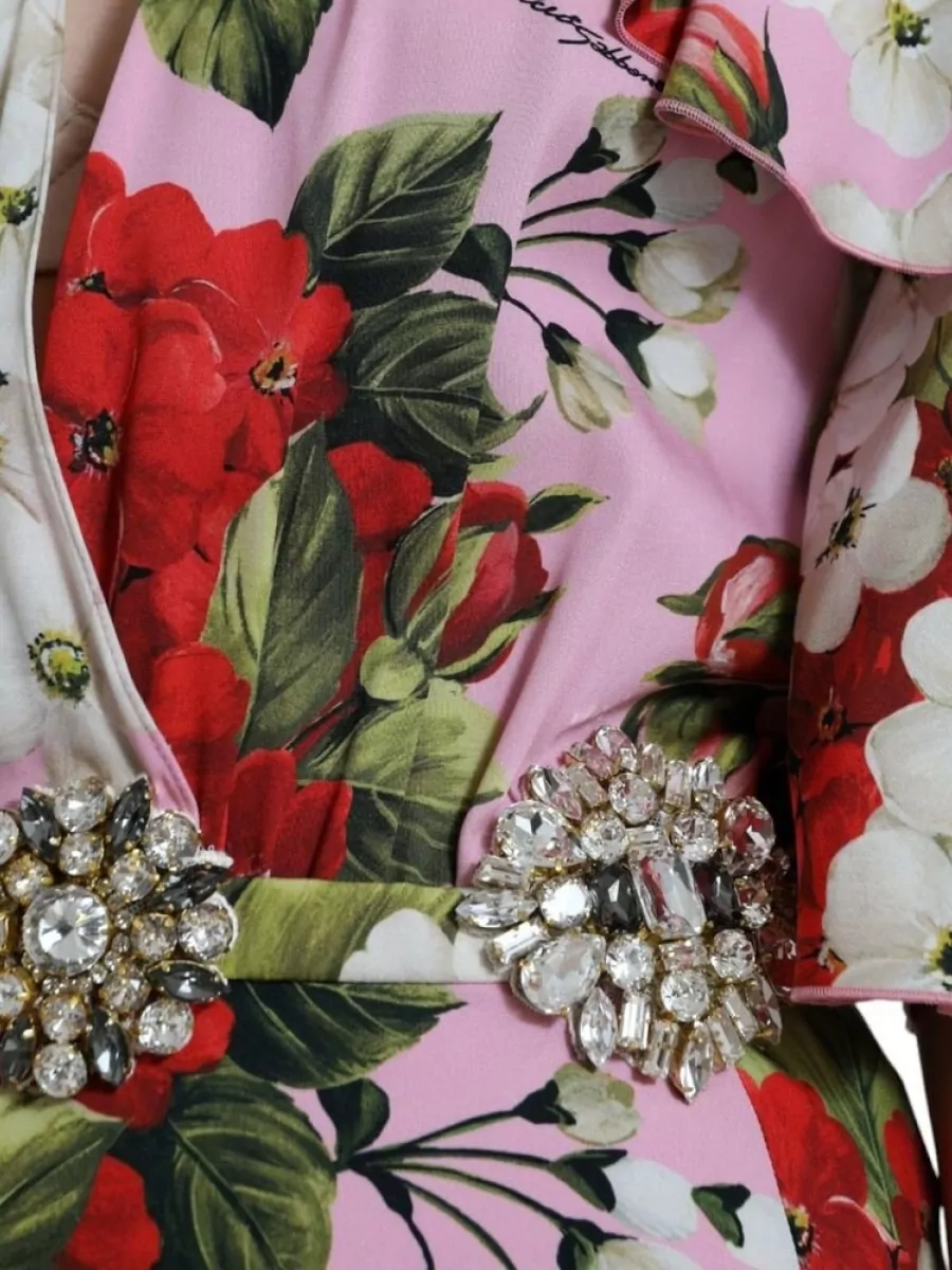 Dolce&Gabbana Silk Floral Print Crystal Embellished Short Sleeve V-Neck Midi Dress