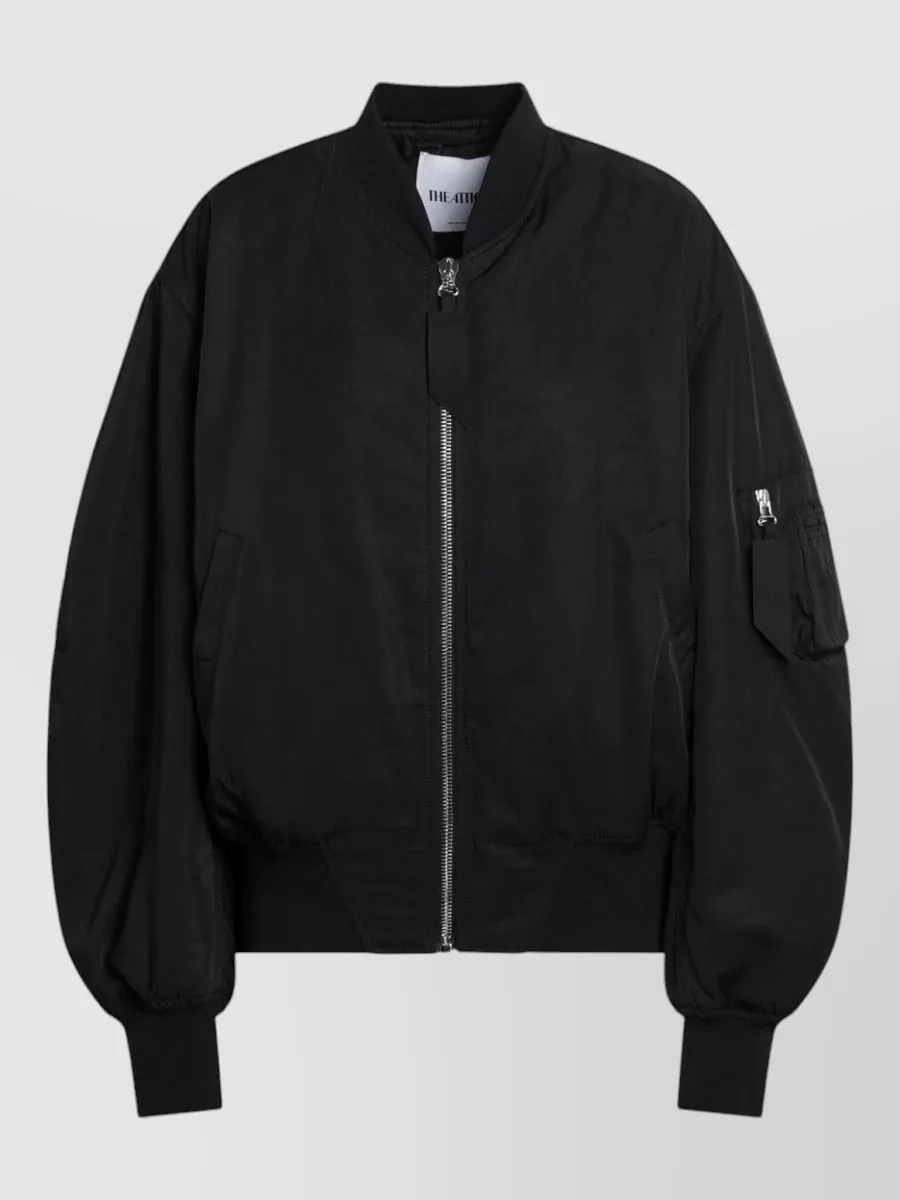 Attico Zip Bomber Jacket Ribbed Cuffs Hem Pockets In Black