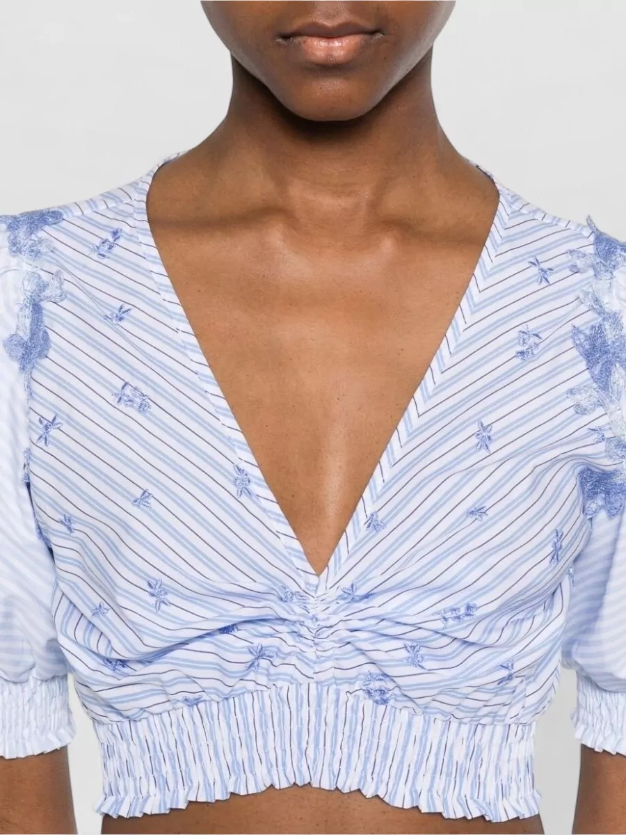 Ermanno Scervino Striped Floral-Embroidered V-Neck Puff-Sleeve Cropped Top