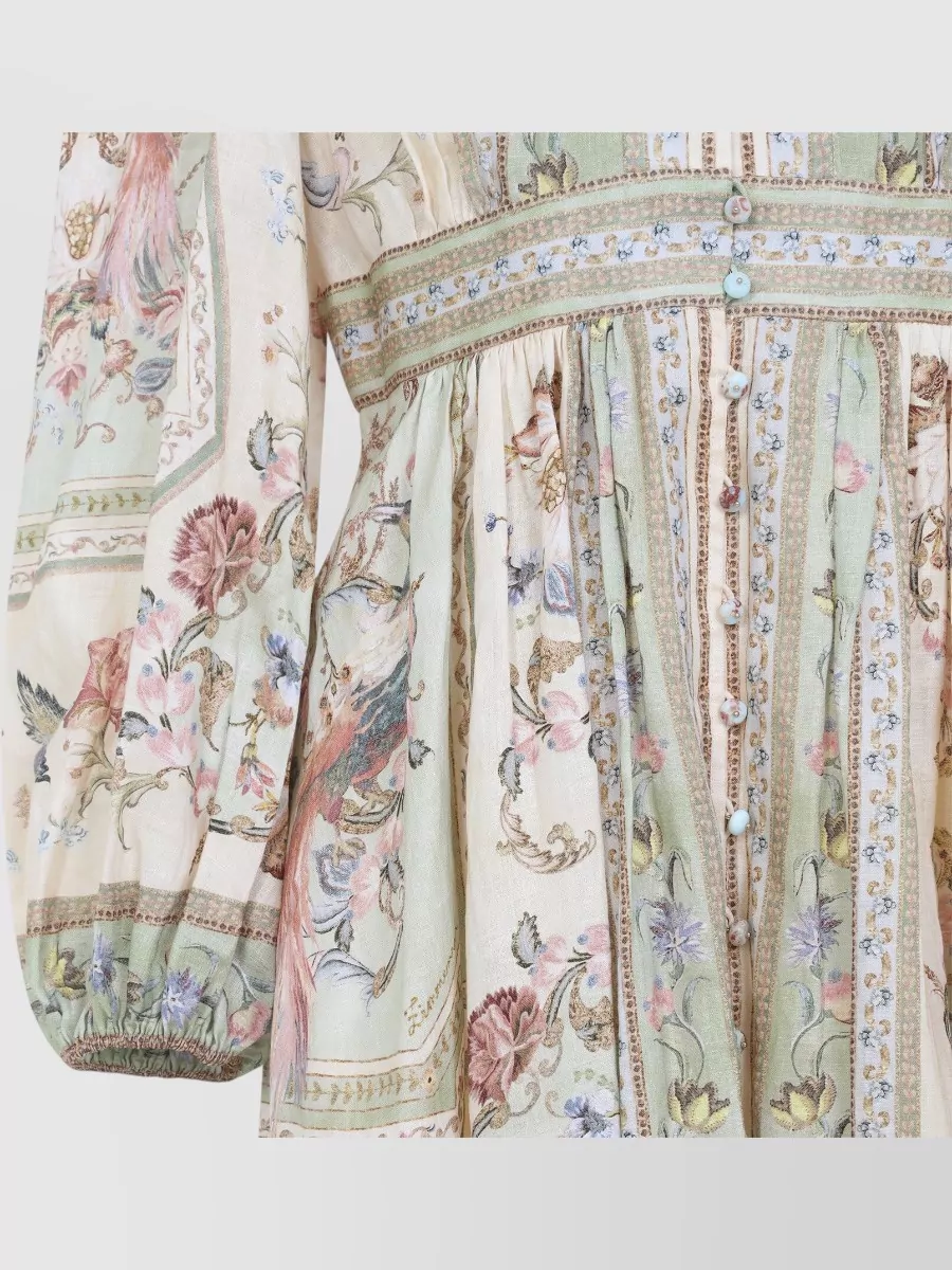 Zimmermann Linen Floral-Print Plunge Long-Sleeve Mini Dress