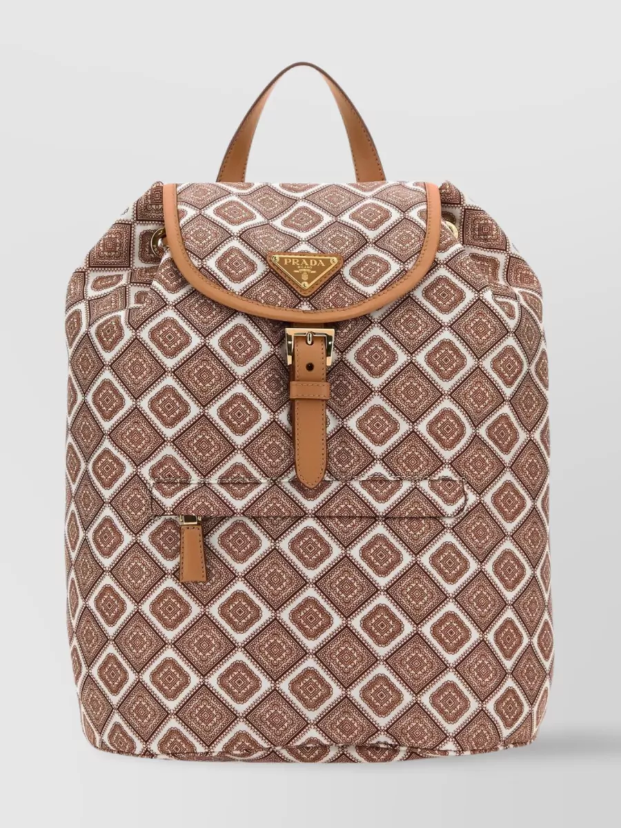 Shop Prada Patterned Nylon Print Backpack In Brown