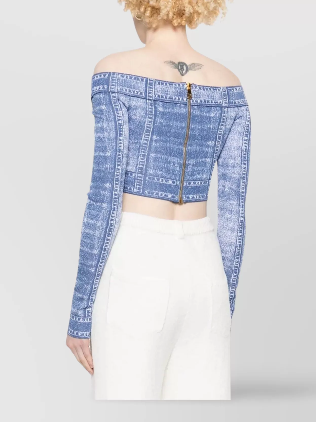 Balmain Denim Print Off-shoulder Cropped Top