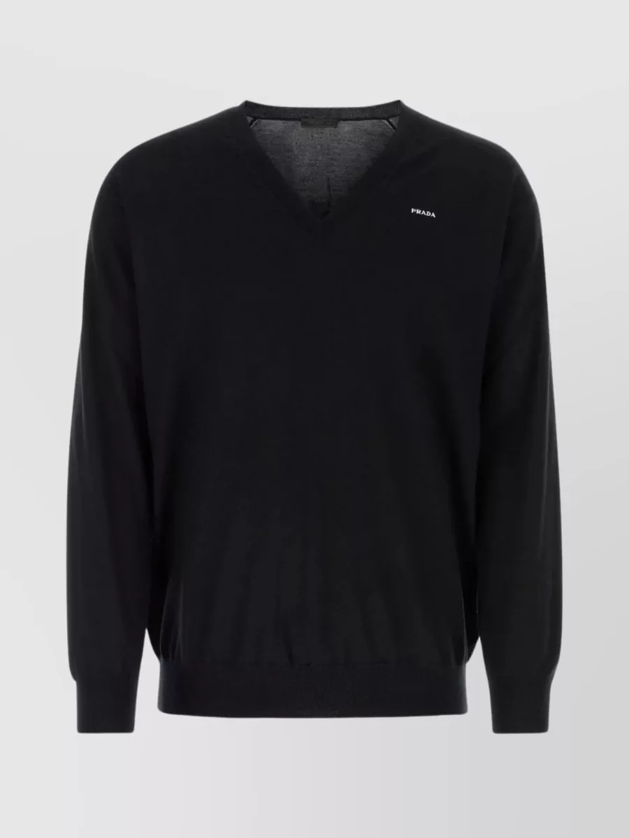 Shop Prada V-neck Ribbed Cashmere Knit In Black