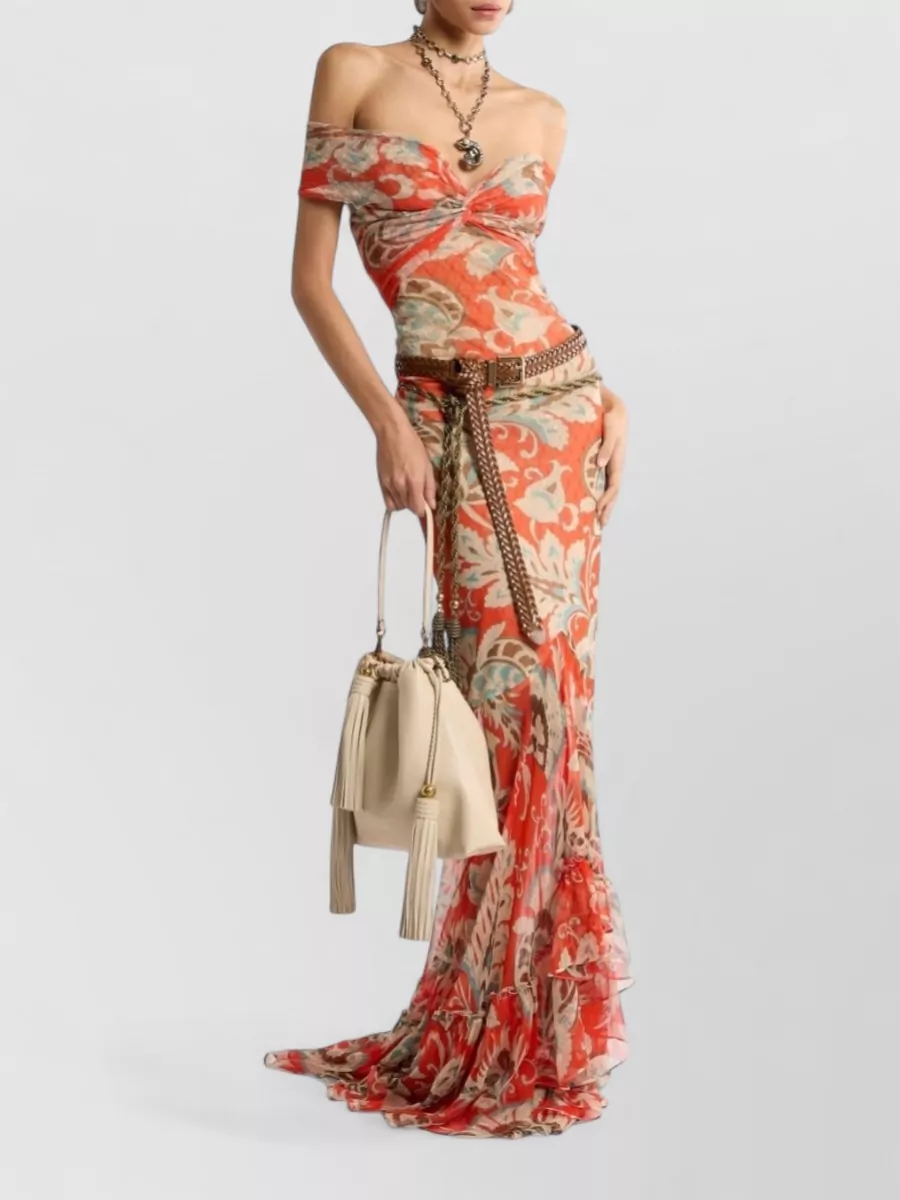 Etro Tulle Floral-Print Off-Shoulder Knot-Detail Tiered-Hem Maxi Dress