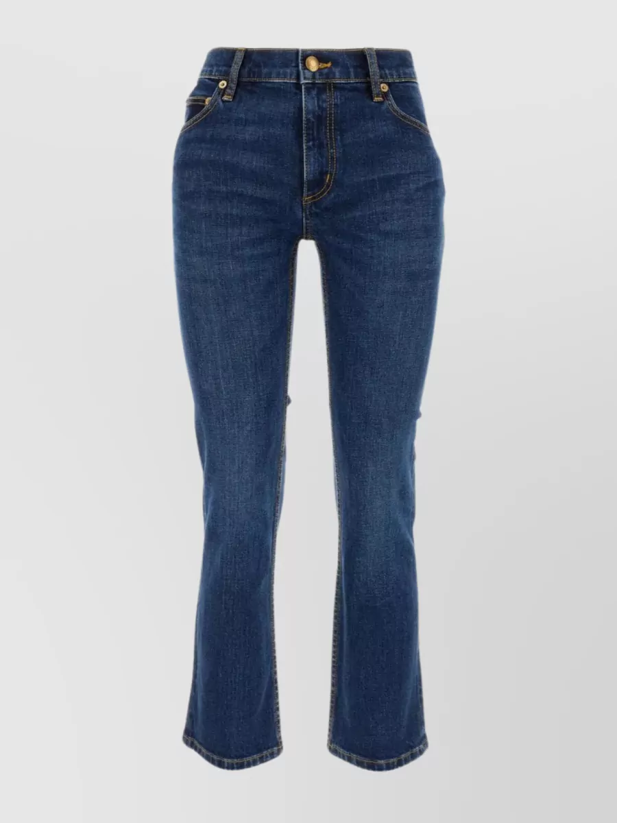 Shop Tory Burch Flared Stretch Denim Trousers With Contrast Stitching In Blue