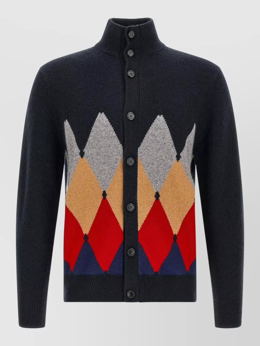 Ballantyne cashmere ribbed high-neck diamond-intarsia cardigan