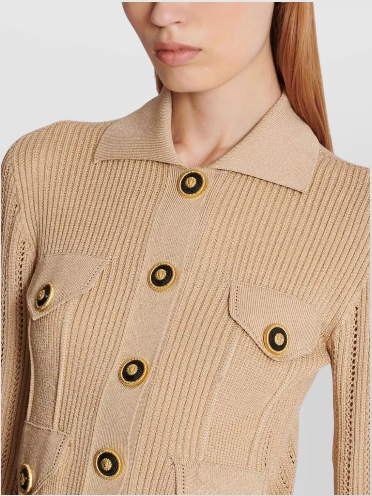 Shop Balmain Ribbed Knit Cardigan Buttoned Pockets In Neutrals