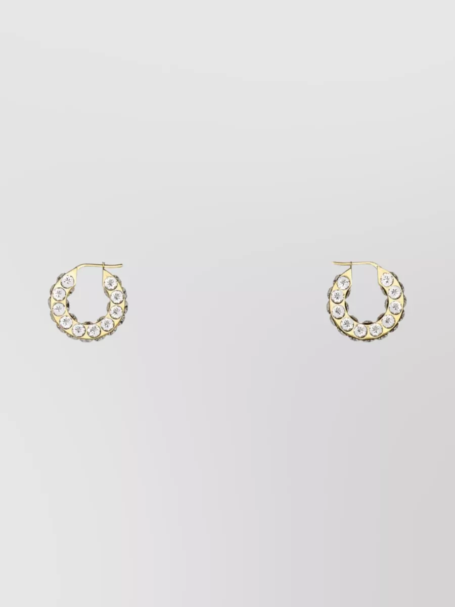 Shop Amina Muaddi Small Metal Hoop Earrings With Crystal Embellishments In Cream