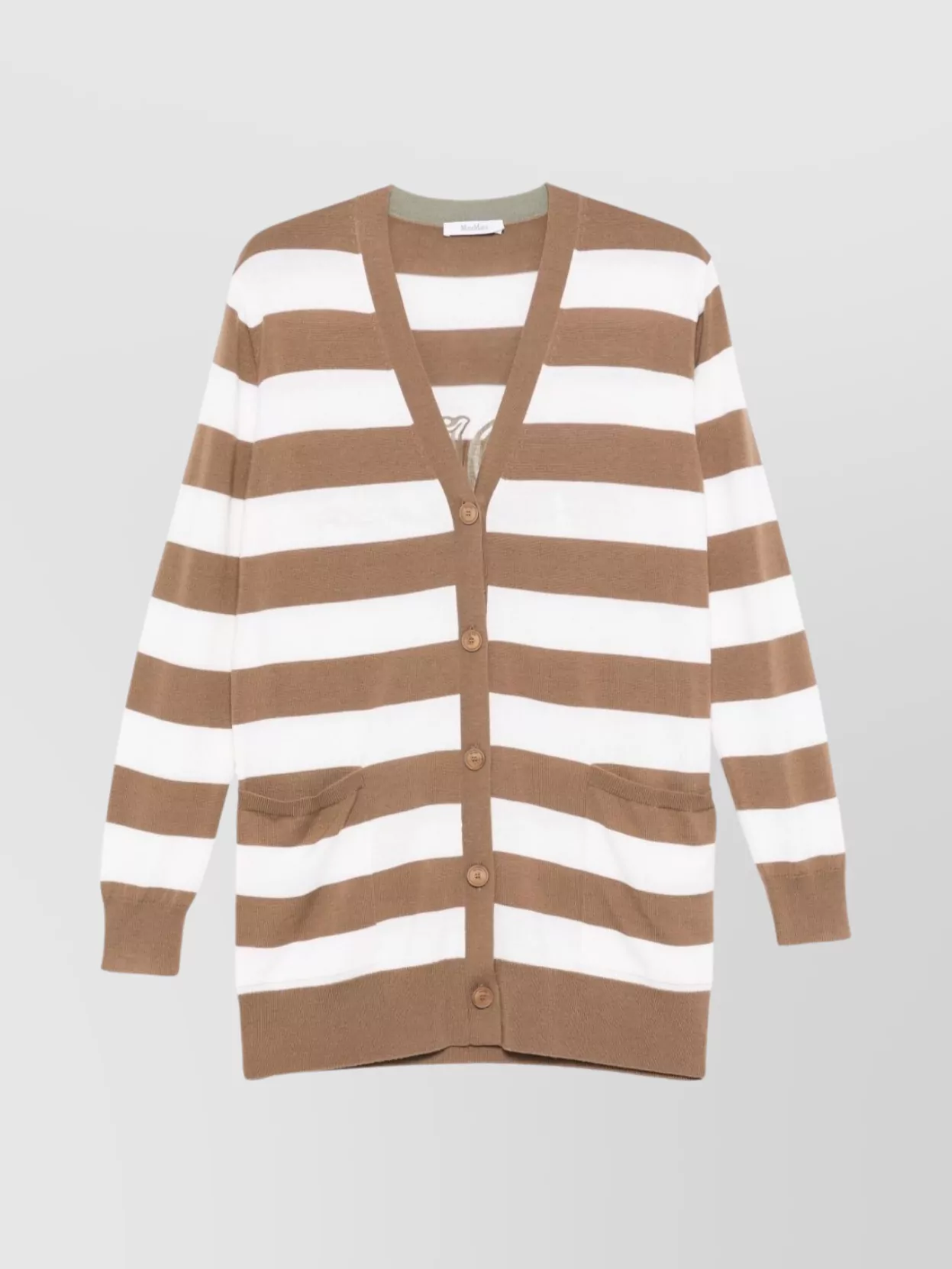 Max Mara Striped V-neck Cardigan With Front Patch Pockets In Brown