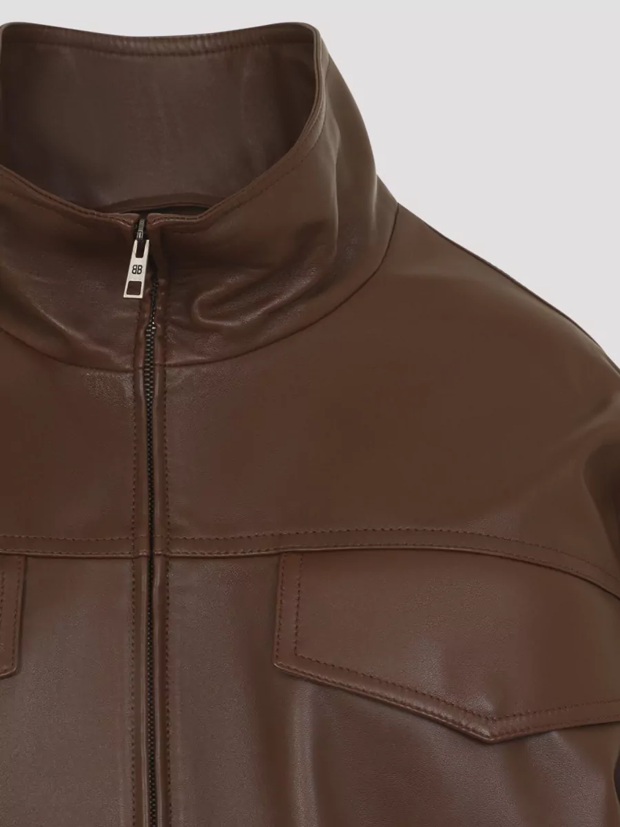 Balenciaga Leather High Collar Relaxed-Fit Blouson Jacket