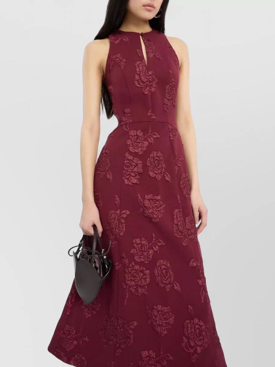 Rotate jacquard sleeveless keyhole flared midi dress