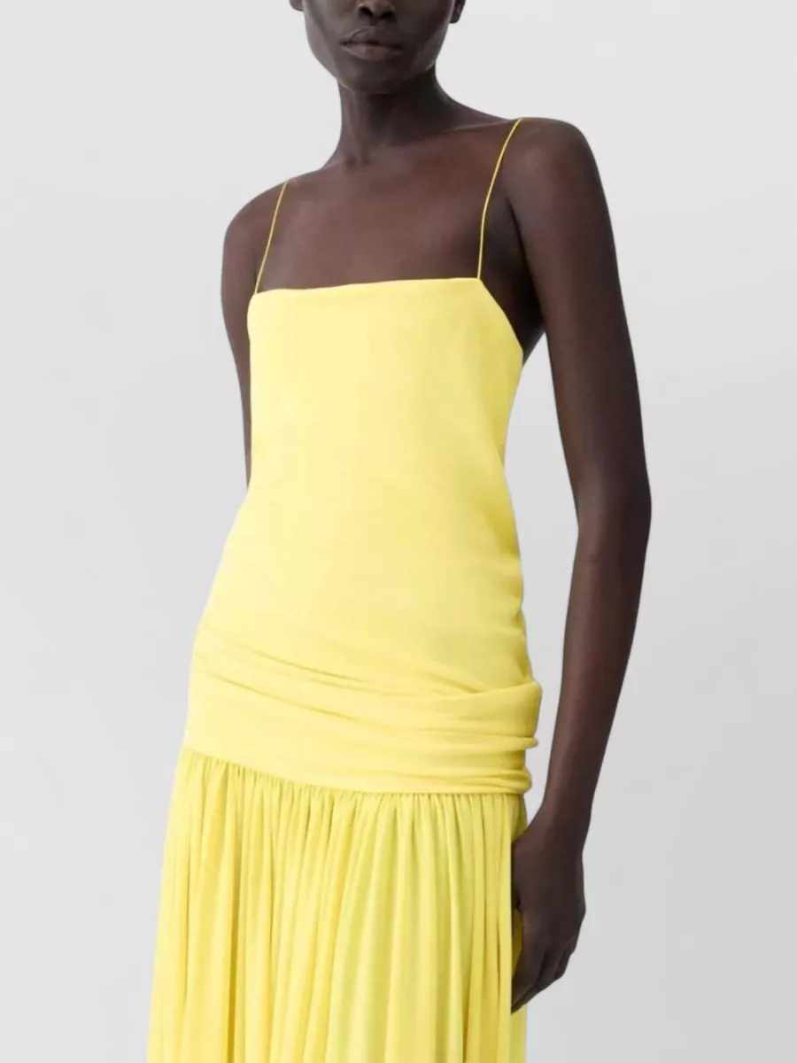 Jacquemus Yellow Dress With Straight Neckline And Gathered Waist In Tech Fabric Woman In Yellow