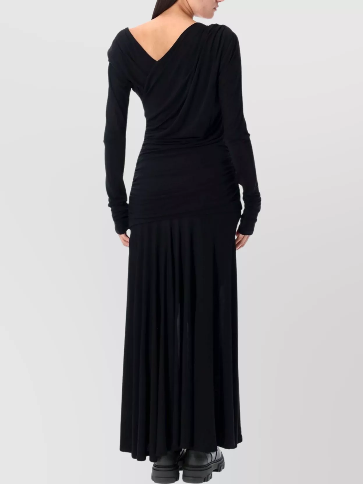 Ganni Interlock Jersey Crossover Ruched Long Dress Dresses Black In Black