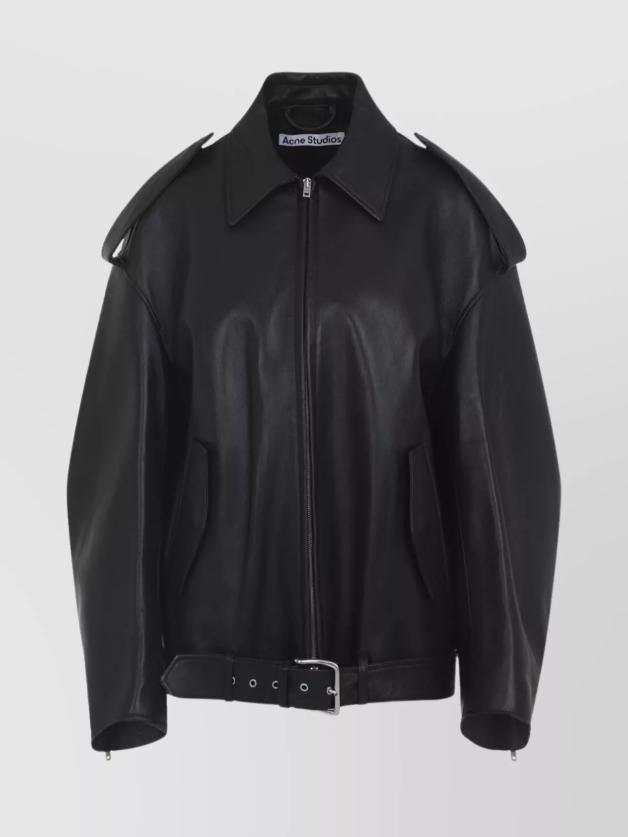 Acne Studios Leather Jacket With Belted Waist And Epaulettes In Black
