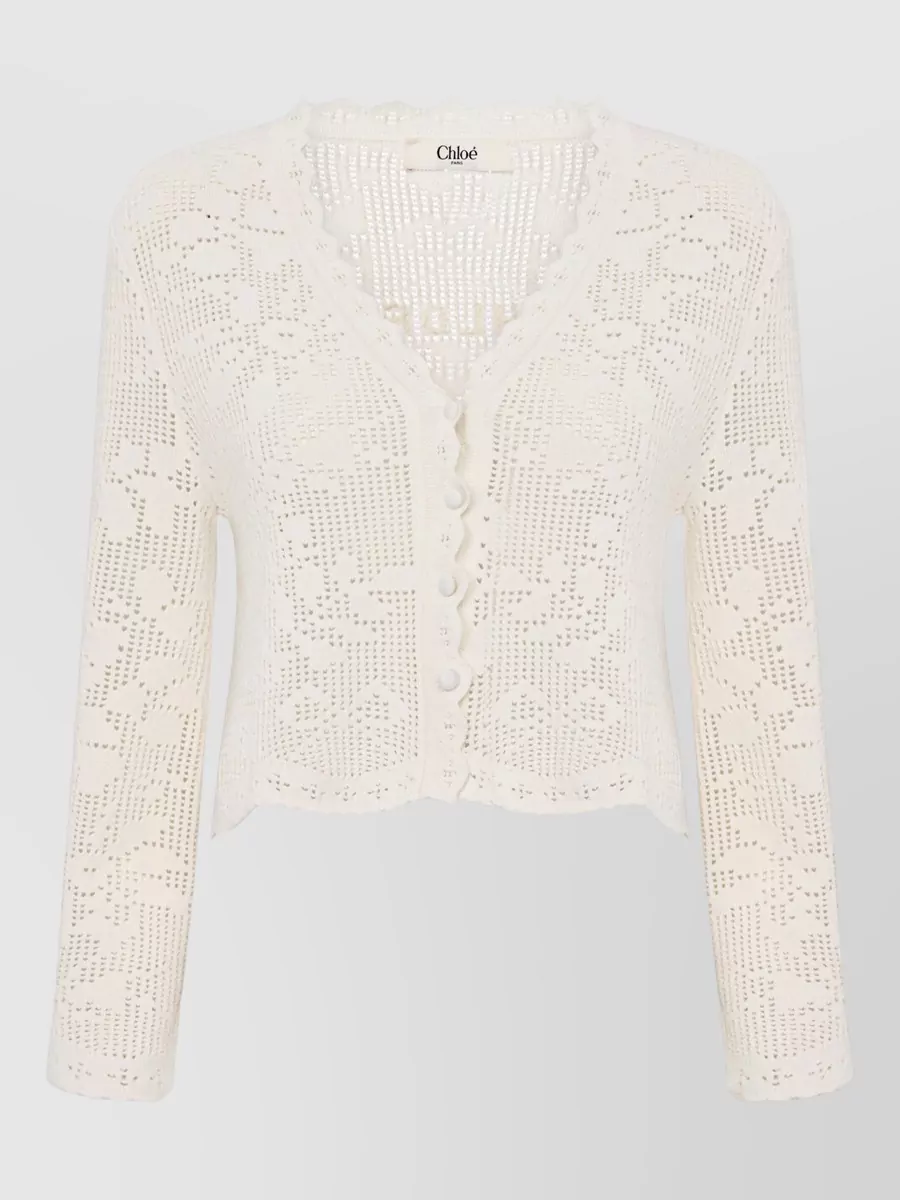 Chloé Cotton Cropped Pointelle-Knit V-Neck Long-Sleeve Cardigan