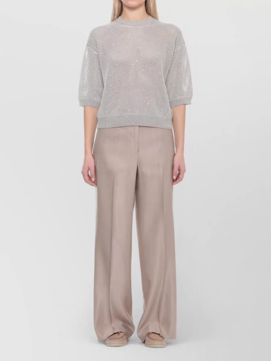 Peserico Cotton Crewneck 3/4-Sleeve Cutout Sequin Knitted Top