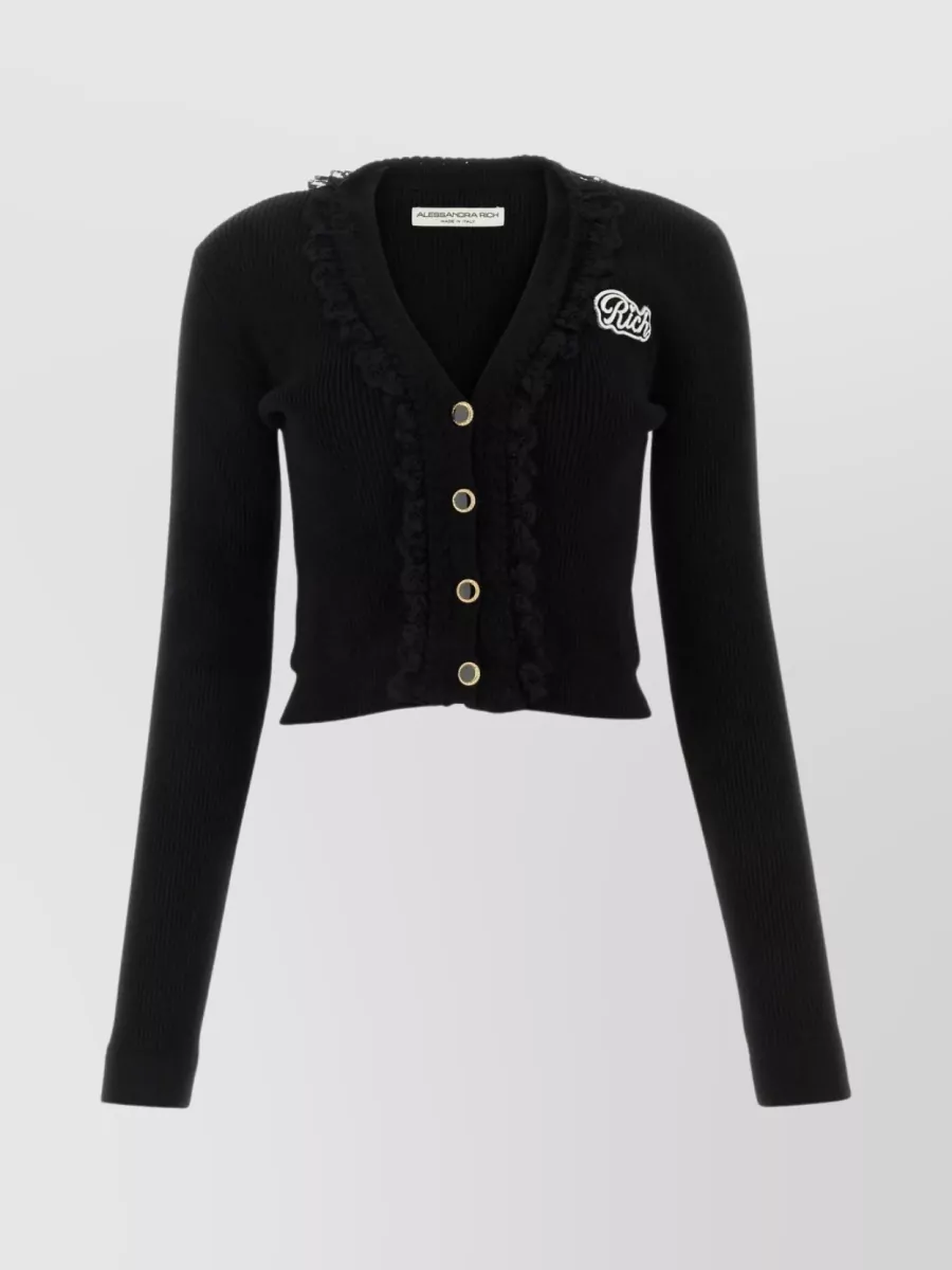 Shop Alessandra Rich Sophisticated V-neck Cardigan With Ruffle Detailing And Cropped Length In Black