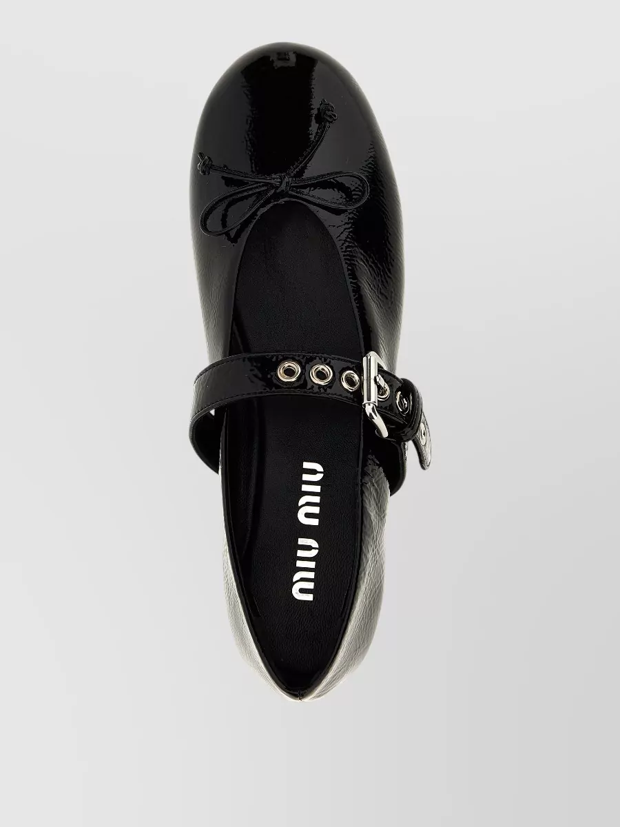 Miu Miu Patent Leather Buckle And Bow Ballerina Shoes