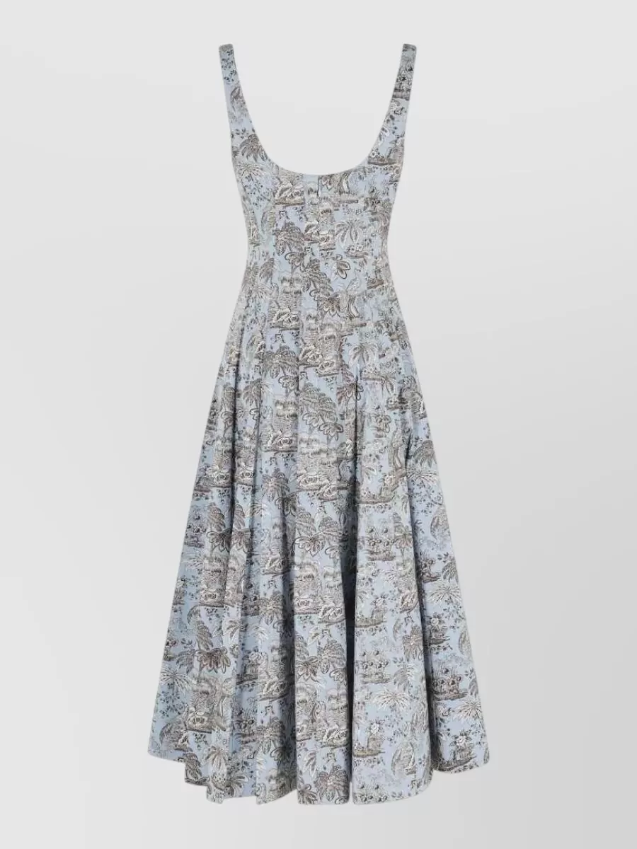 Staud Floral-Print Square-Neck A-Line Midi Dress