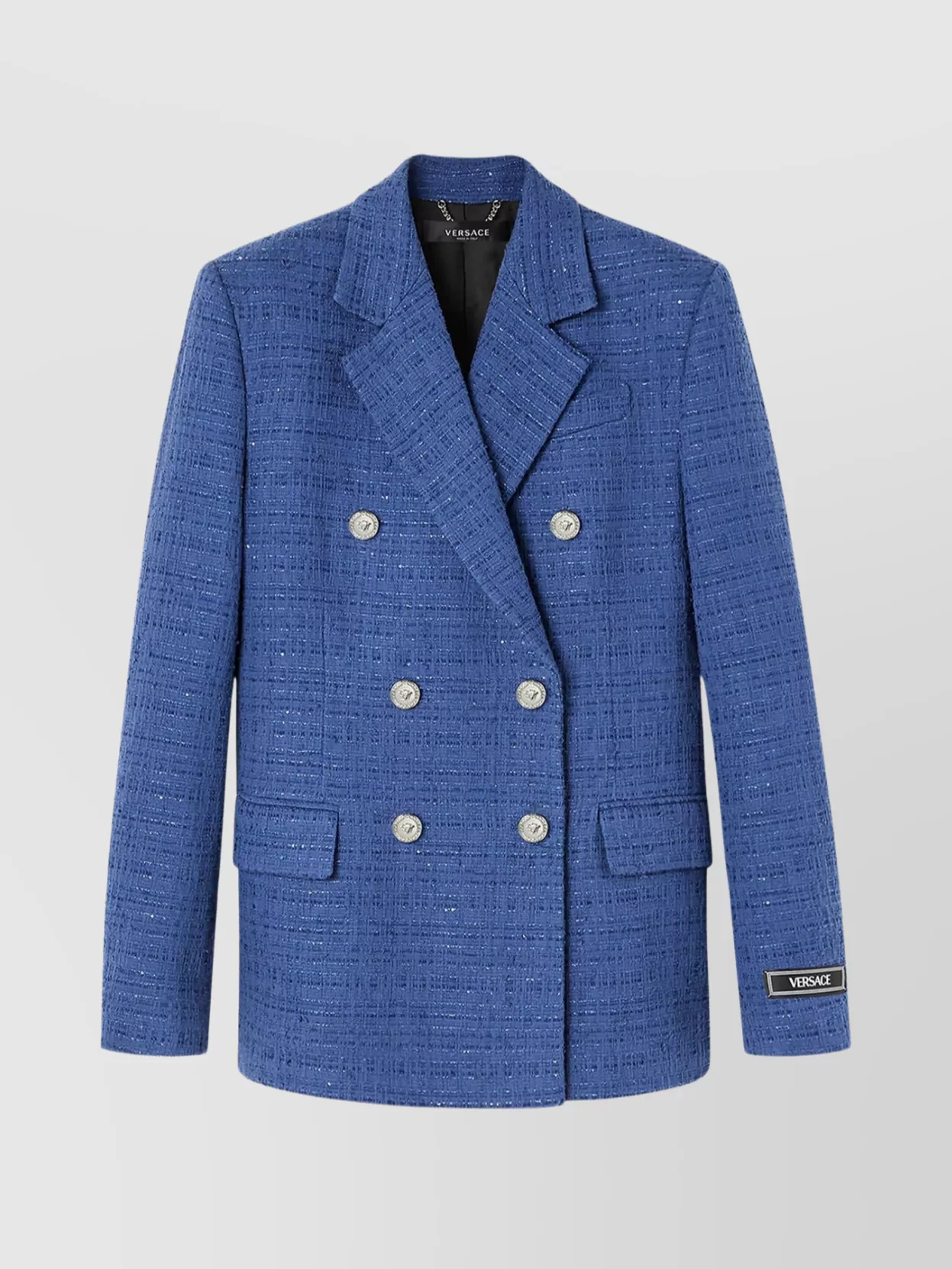 Shop Versace Double-breasted Tweed Blazer With Structured Shoulders