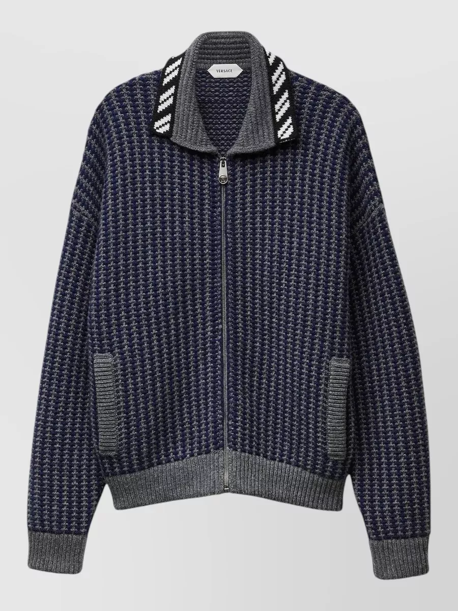 Versace virgin wool honeycomb knit zip cardigan