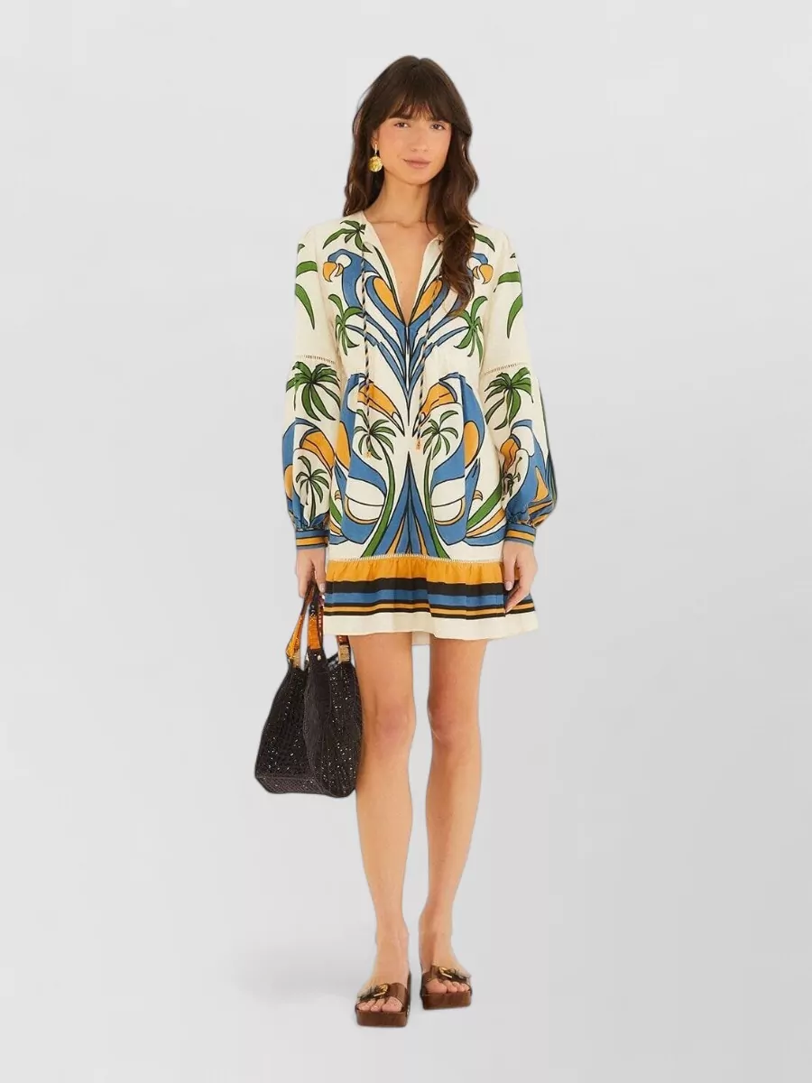 Farm Rio Printed v-neck long-sleeve mini dress