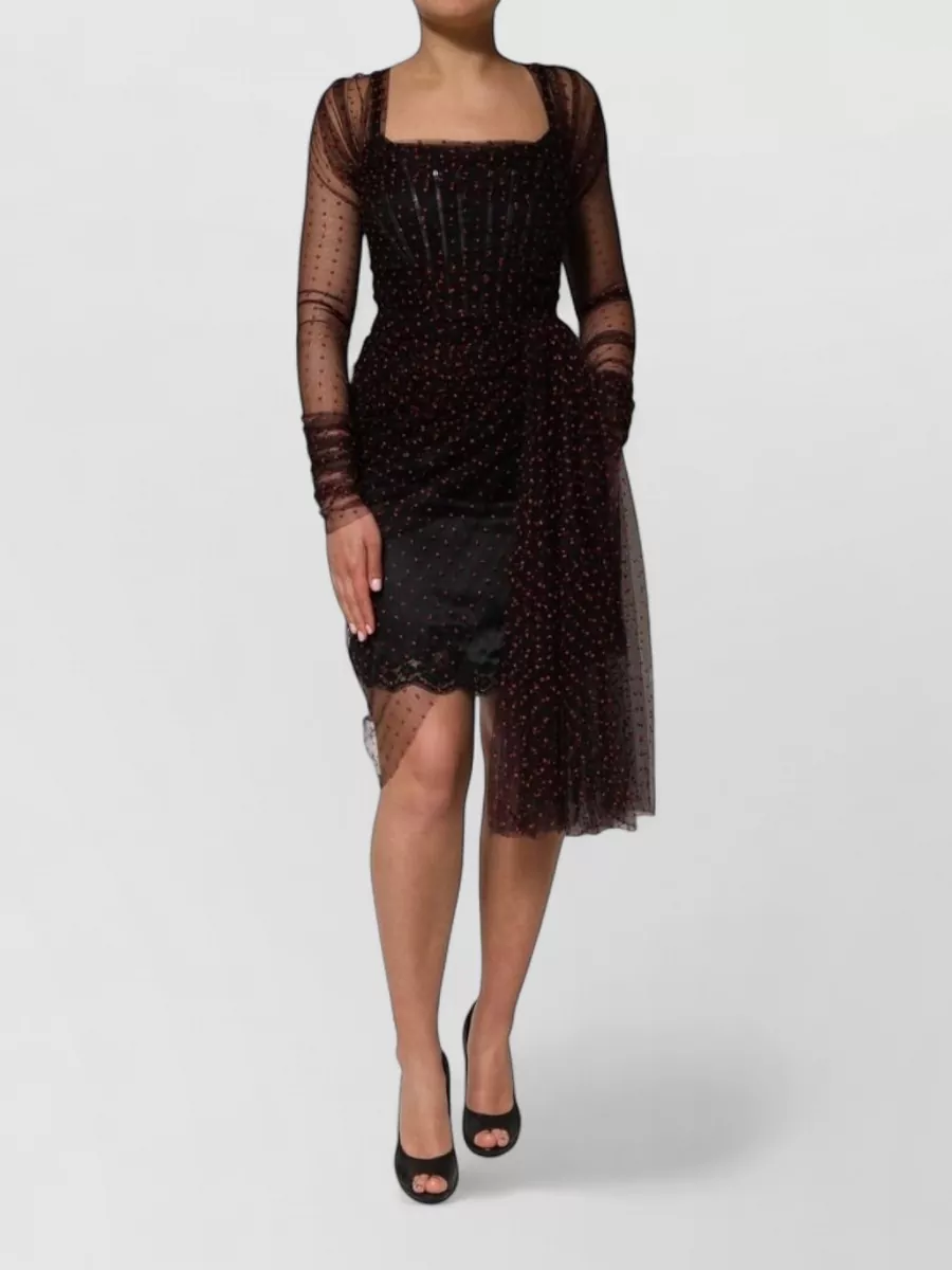Dolce&Gabbana Silk polka-dot lace-trim long-sleeve sheath knee-length dress